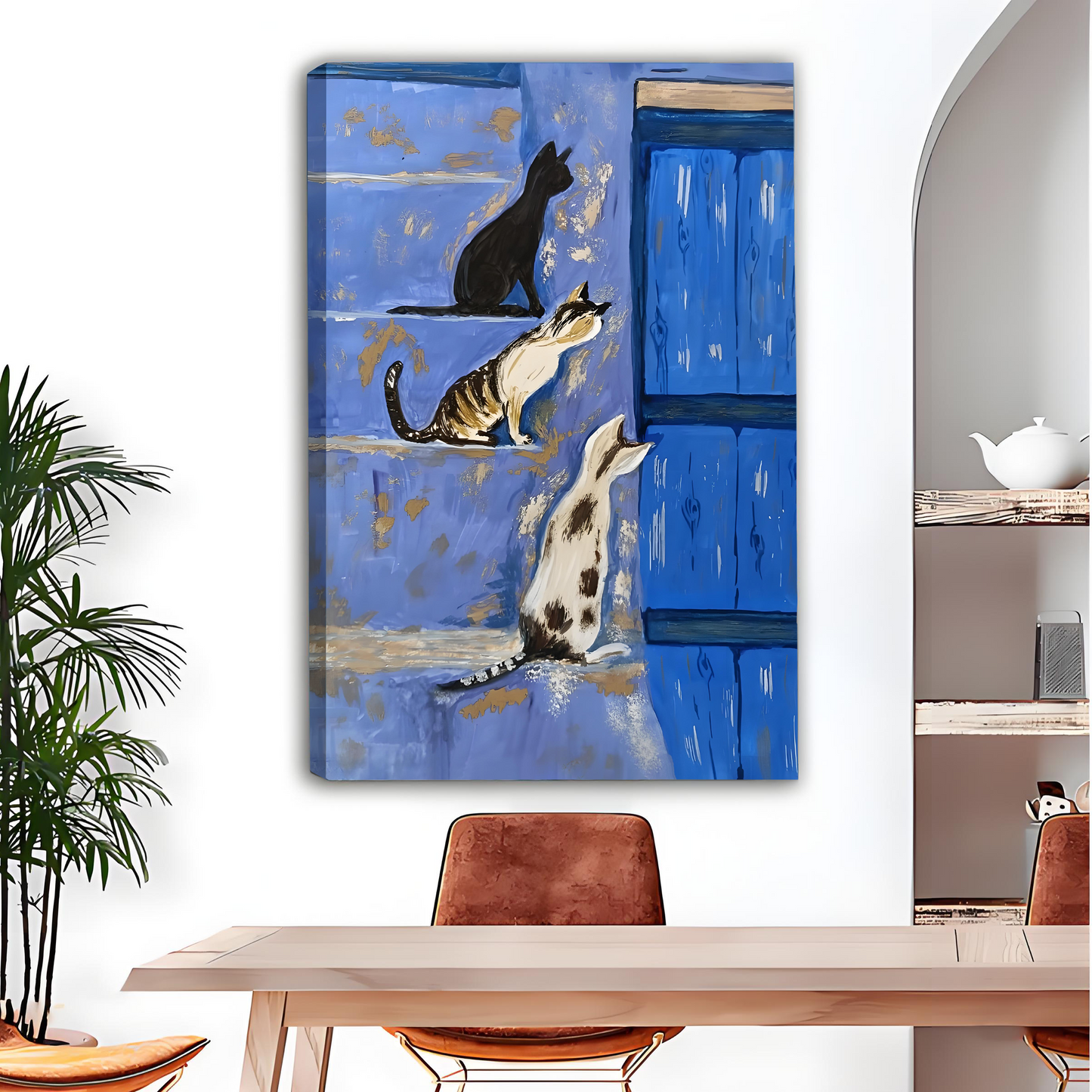 Mediterranean Cats Blue Door Framed Canvas Wall Art l2641