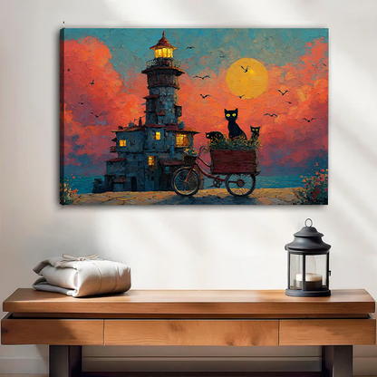 Black Cat Lighthouse Sunset Canvas Wall Art Print Bohemian Home Decor 