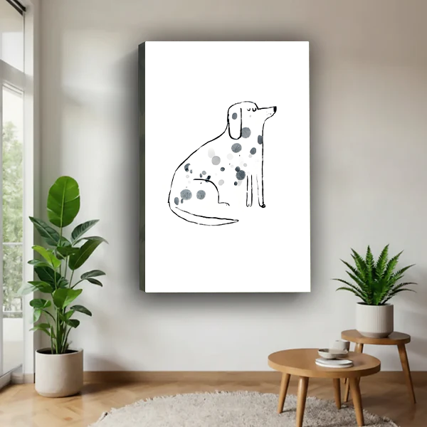 Minimalist dalmatian spot illustration gallery wrap canvas leaning against white wall with tropical plants in bright living room