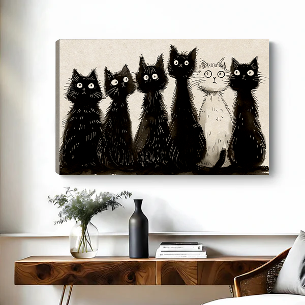 Canvas quirky black white cats minimalist sketch print on white wall living room decor