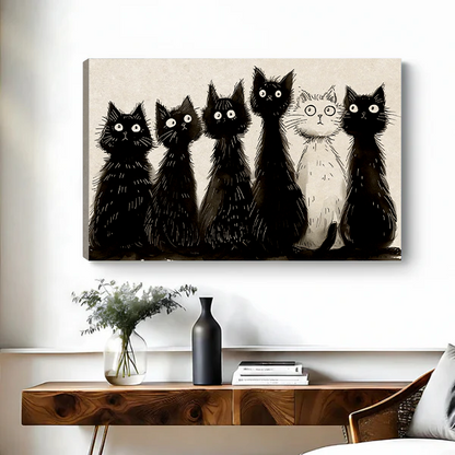 Canvas quirky black white cats minimalist sketch print on white wall living room decor