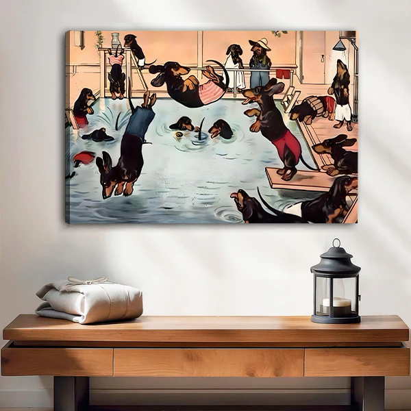 Funny Dachshund Pool Party Vintage Canvas Wall Art Print Home Decor