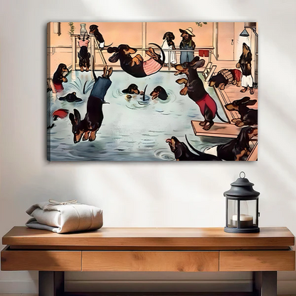 Funny Dachshund Pool Party Vintage Canvas Wall Art Print Home Decor