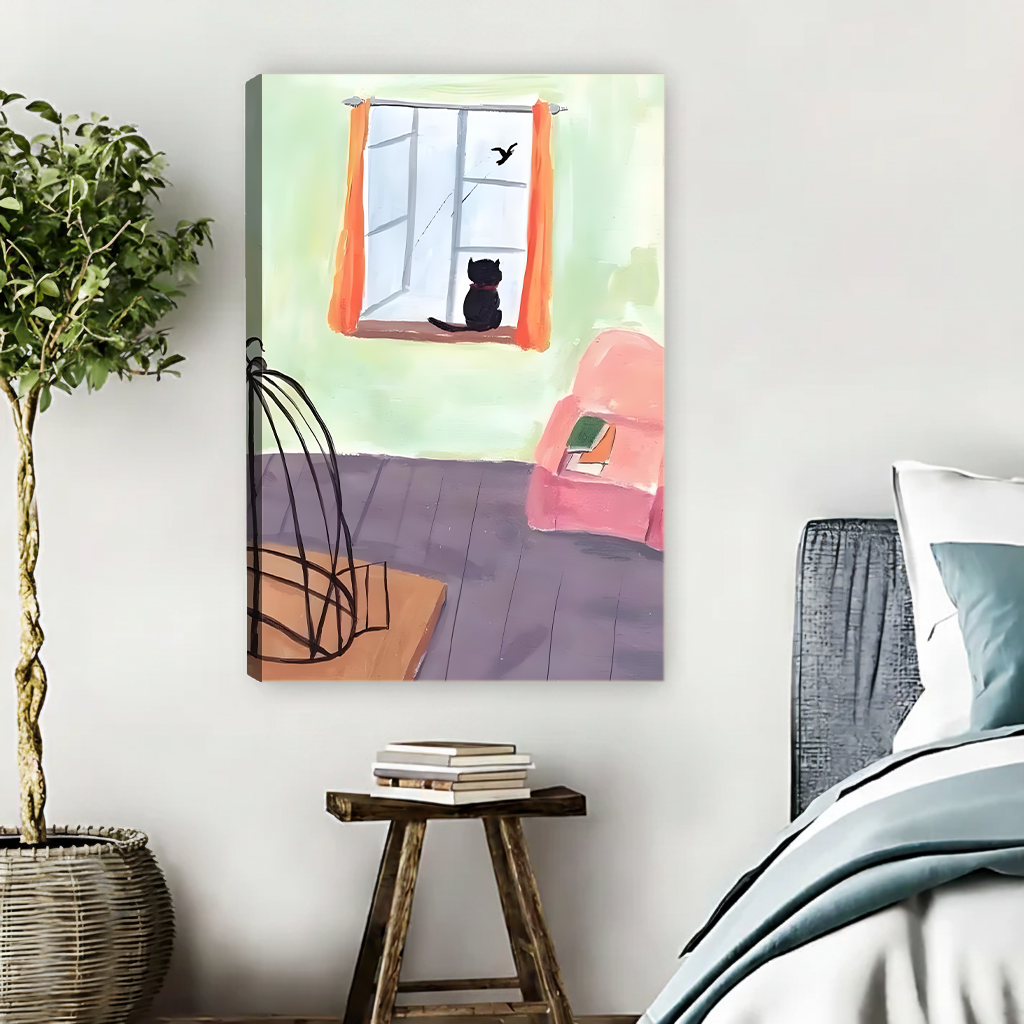 Black cat on windowsill watching flying bird soft watercolor illustration gallery wrap canvas wall art without frame in cozy bedroom with wooden stool
