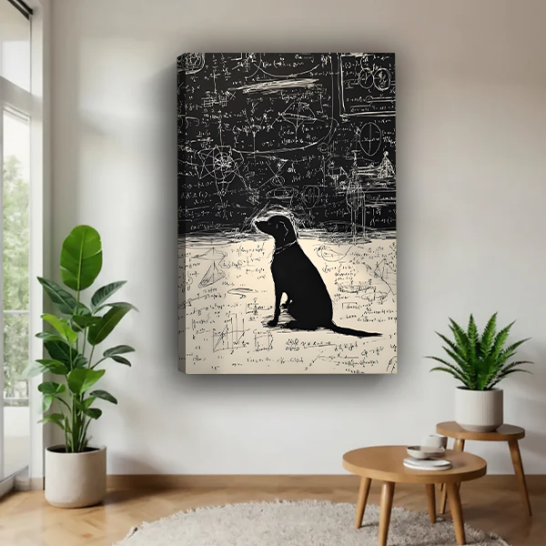 Black Labrador dog sitting with physics equations bold gallery wrap canvas art without frame hanging in contemporary living room with fiddle leaf fig plants