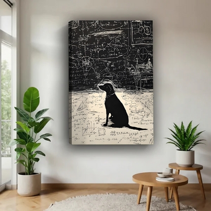 Black Labrador dog sitting with physics equations bold gallery wrap canvas art without frame hanging in contemporary living room with fiddle leaf fig plants