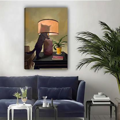 Black cat lamp gallery wrap canvas art in golden tones displayed in contemporary blue living room