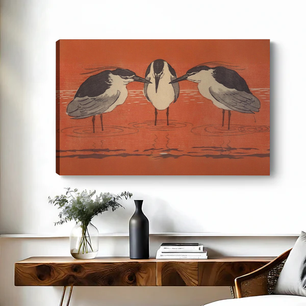 Canvas Japanese woodblock heron wall art print on rust red above wooden console table living room decor