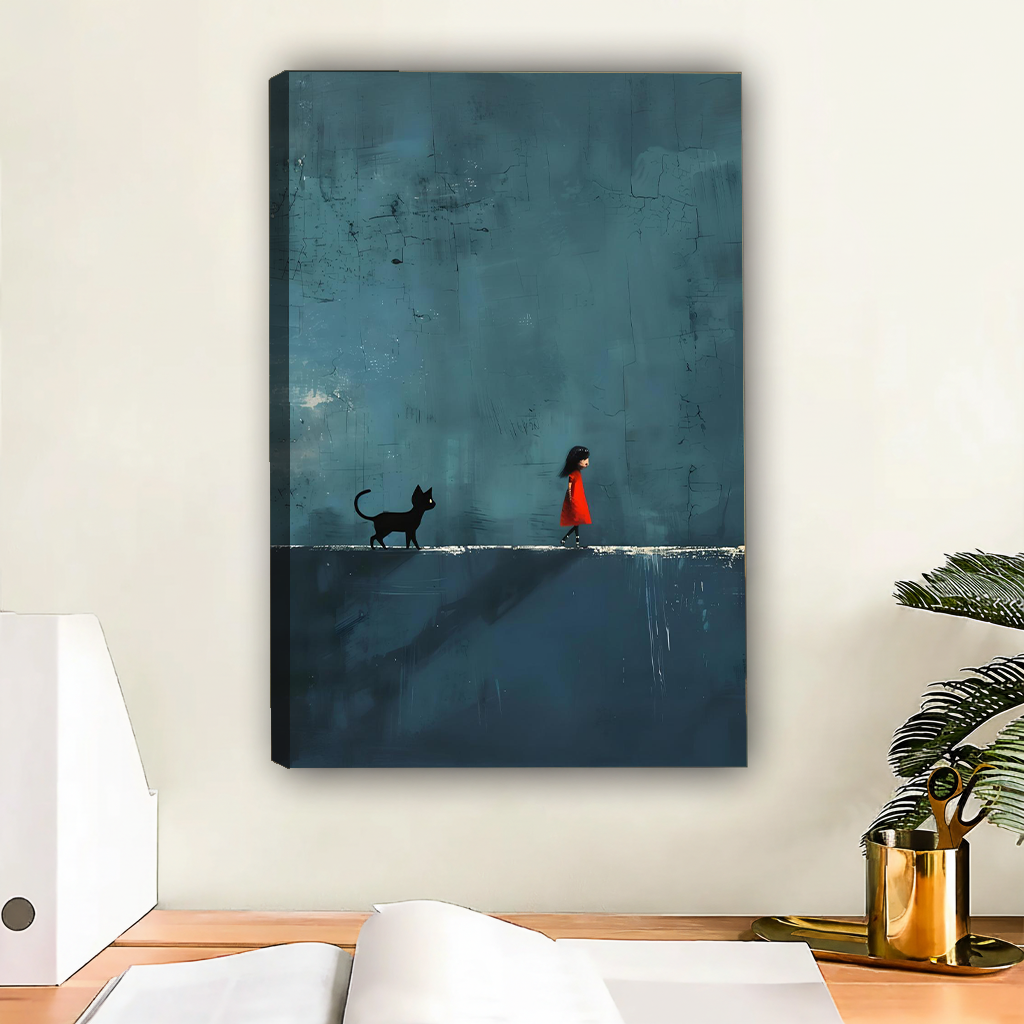 Girl in red dress and black cat canvas art print without frame above wooden desk – dark moody atmospheric painting in teal blue for home office wall decor