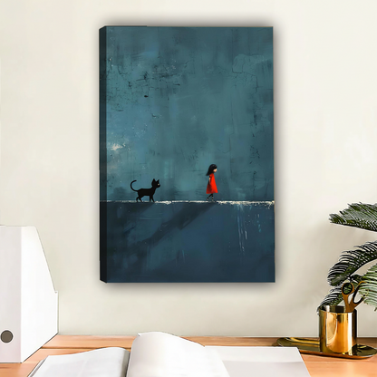 Girl in red dress and black cat canvas art print without frame above wooden desk – dark moody atmospheric painting in teal blue for home office wall decor