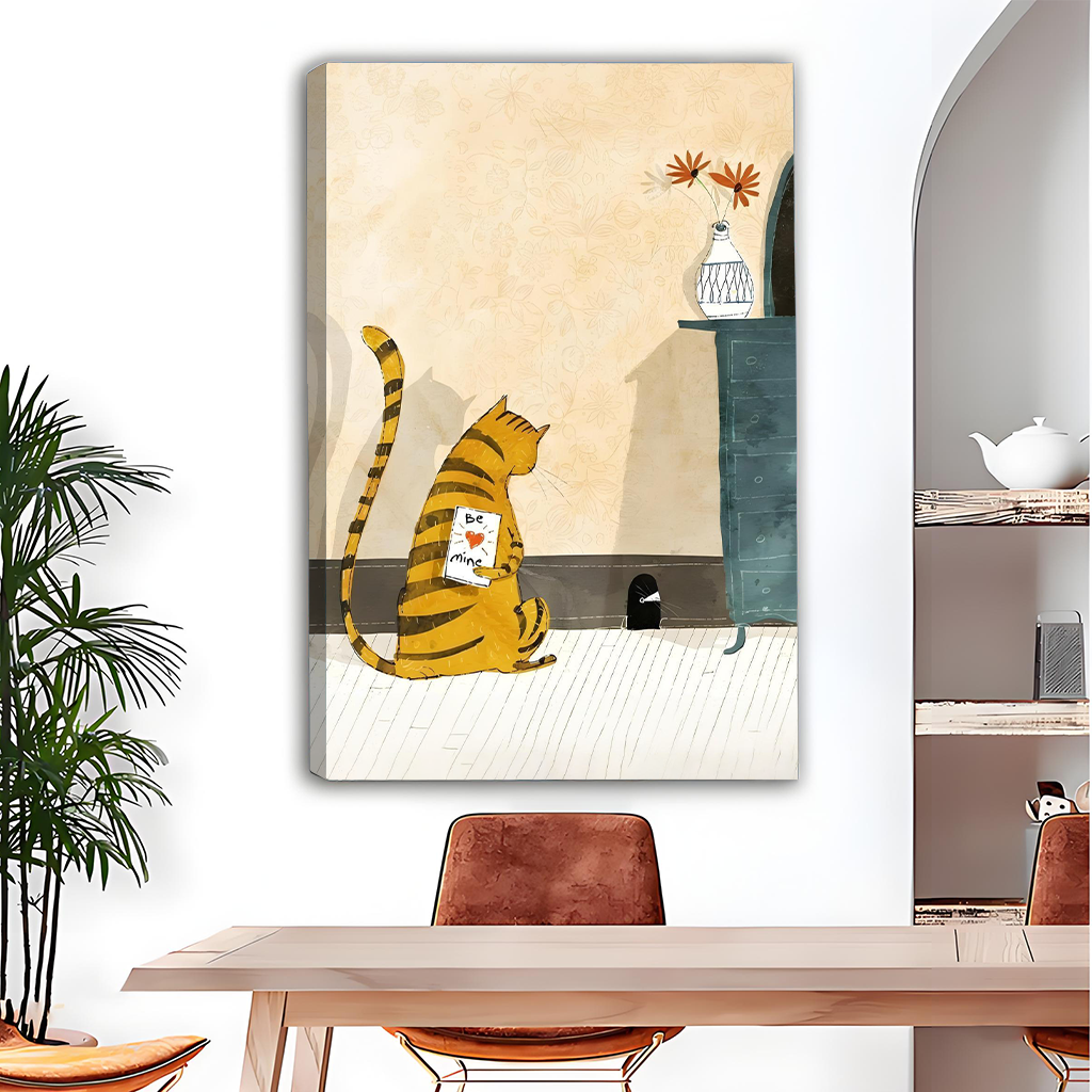 	Orange striped cat holding Be Mine card canvas wall art – whimsical Valentine home decor