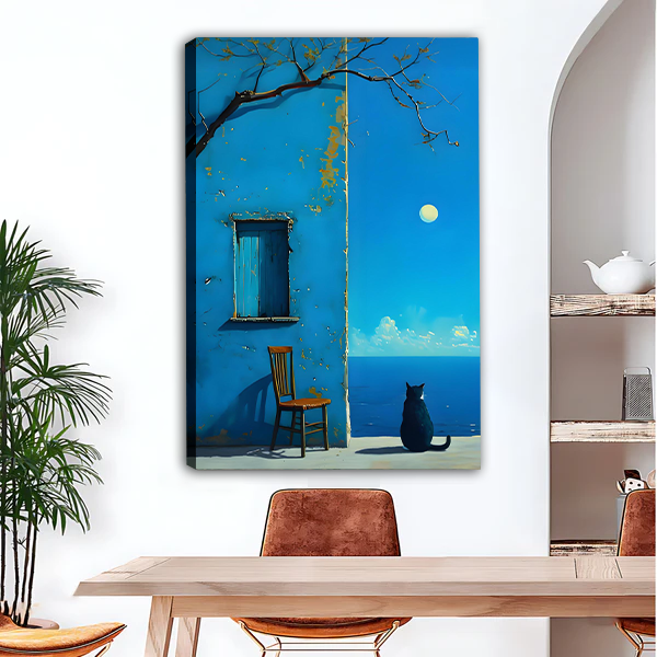 Black cat by moonlit sea blue Mediterranean wall canvas art print, unframed atmospheric oil painting for dining room decor