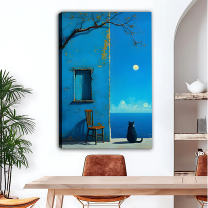 Black cat by moonlit sea blue Mediterranean wall canvas art print, unframed atmospheric oil painting for dining room decor