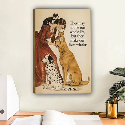Woman in red floral dress bending to kiss orange cat with black white cat on her head golden retriever and dalmatian sitting beside her vintage watercolor illustration with lives wholer quote gallery wrap canvas art displayed on white wall above wooden desk with white binder open notebook and gold mug beside palm plant