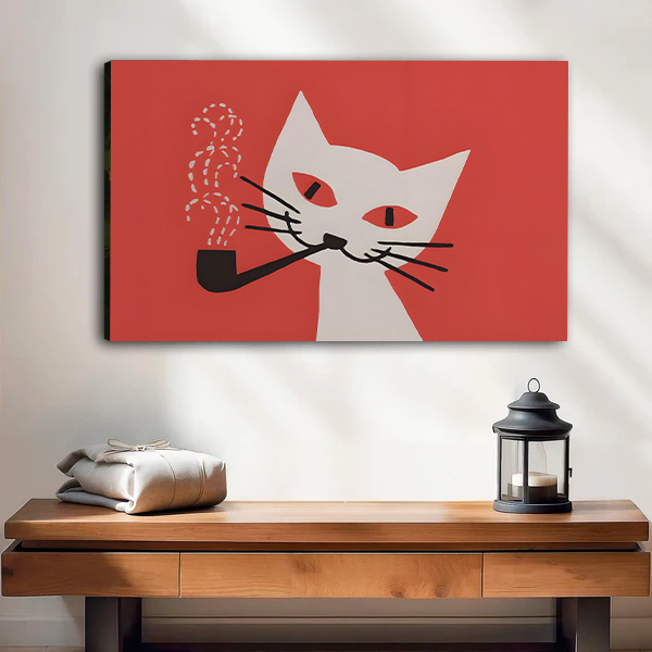 Bold white cat smoking pipe mid-century gallery wrap canvas art without frame above wooden console table with lantern