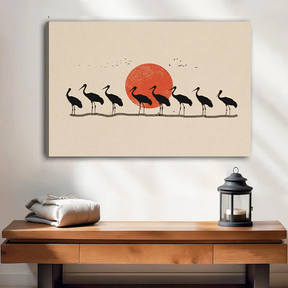 Minimalist Japanese Crane Red Sun Canvas Wall Art Print Zen Home Decor