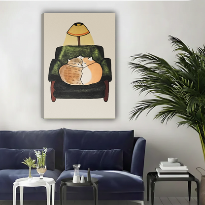 Two cats curled up in green chair under lamp whimsical illustration gallery wrap canvas wall art above navy blue sofa