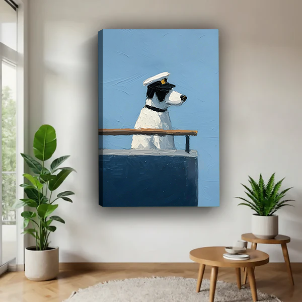 Canvas wall art of a dog in a captain hat standing at a ship bow displayed in a bright living room