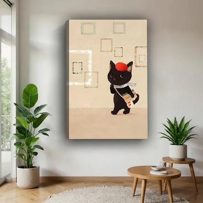 Stylish black cat beret bubble tea retro illustration gallery wrap canvas wall art, no frame, minimalist living room