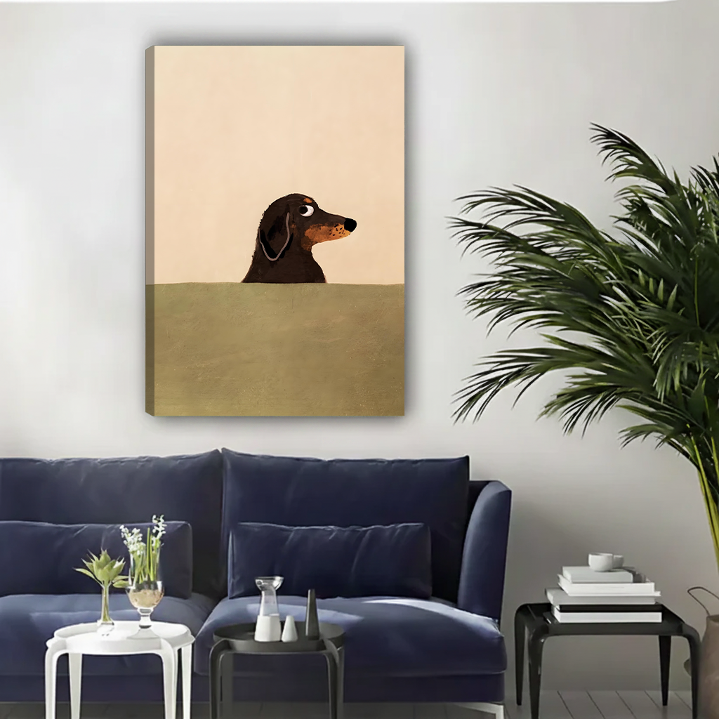 Dachshund gallery wrap canvas art with warm beige tones in contemporary living room decor