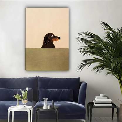 Dachshund gallery wrap canvas art with warm beige tones in contemporary living room decor