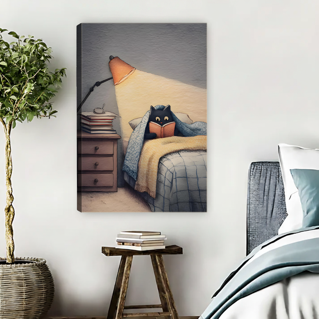Black cat reading book under blanket by orange lamp cozy illustration gallery wrap canvas art displayed on white wall above wooden stool with books beside teal bedding in bedroom