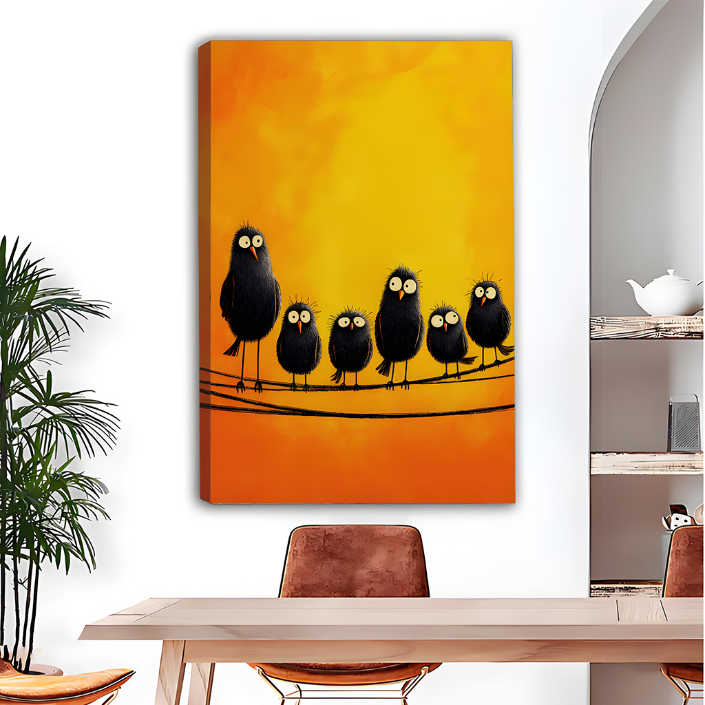 Whimsical Fluffy Black Birds on Wire Orange Canvas Wall Art Print Dining Room Decor