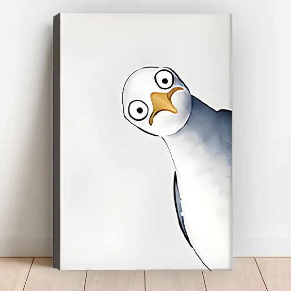 Tilted seagull close-up watercolor gallery wrap canvas art with wide-eyed bird and yellow beak leaning against white wall on wood floor