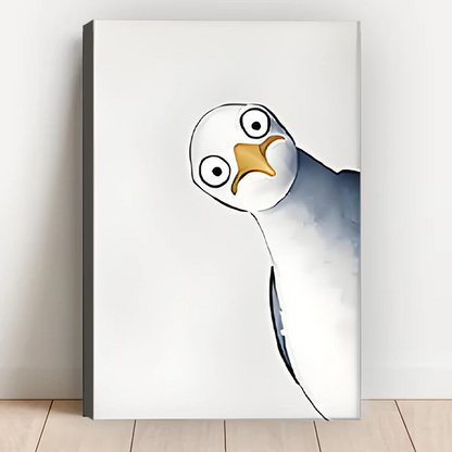 Tilted seagull close-up watercolor gallery wrap canvas art with wide-eyed bird and yellow beak leaning against white wall on wood floor