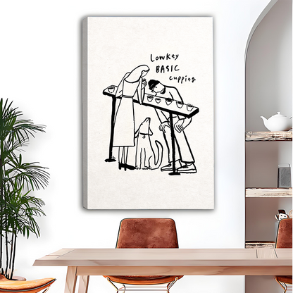 Lowkey basic cupping minimalist canvas wall art, barista line drawing print for cafe or kitchen decor