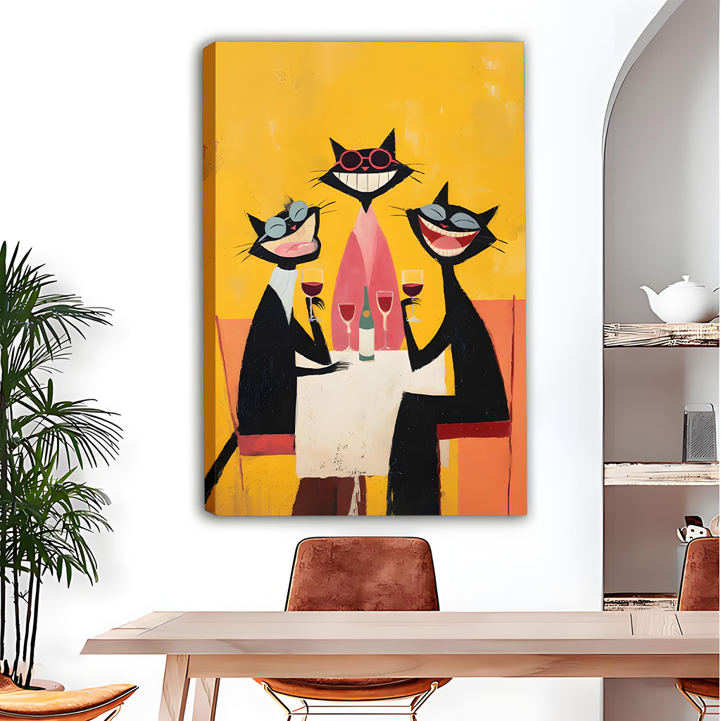 Whimsical three cats wine party canvas art print for dining room decor