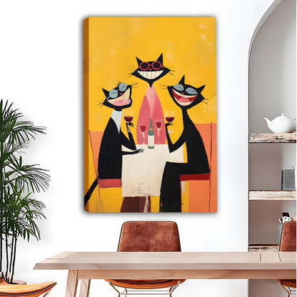 Whimsical three cats wine party canvas art print for dining room decor