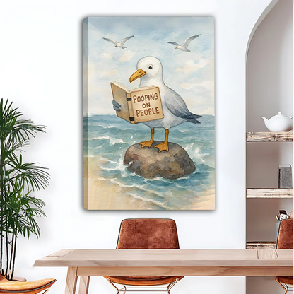 Humorous seagull reading book canvas wall art displayed in dining room — coastal funny home decor