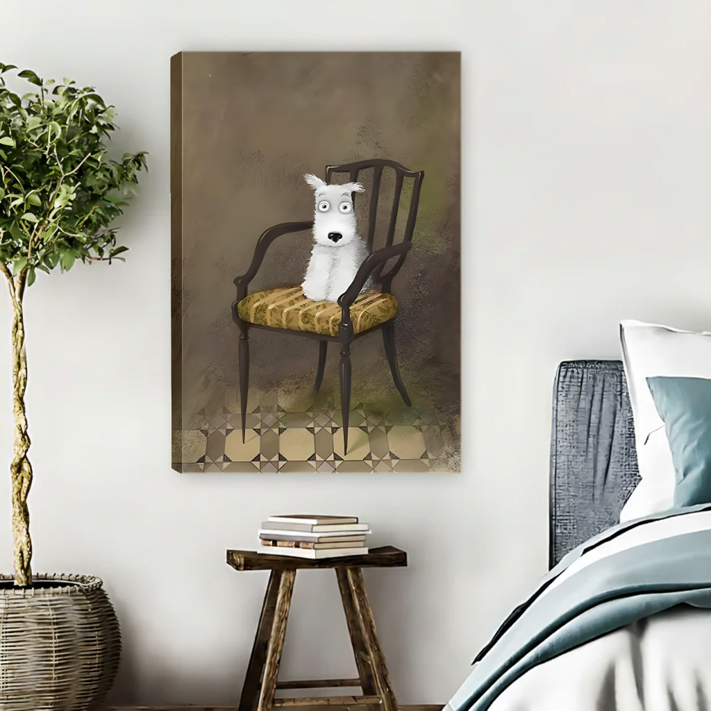 Whimsical dog on antique chair gallery wrap canvas art displayed in modern bedroom