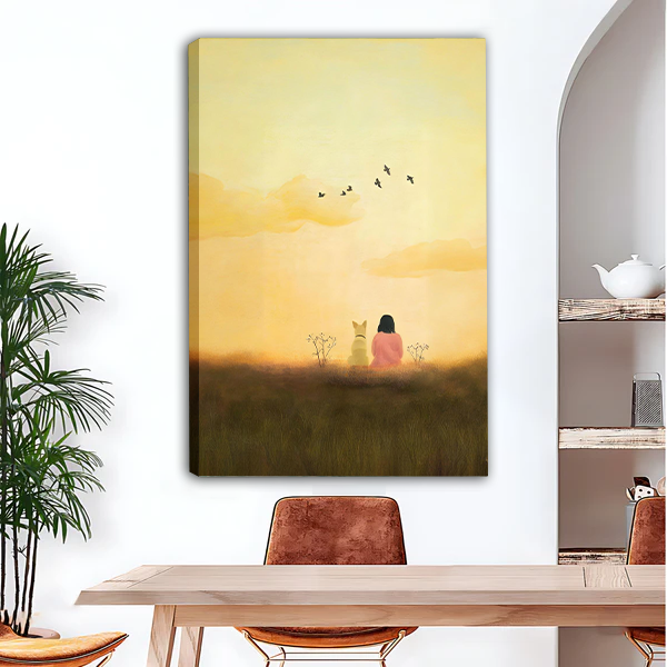 Golden hour girl and dog gallery wrap canvas art print in dining room