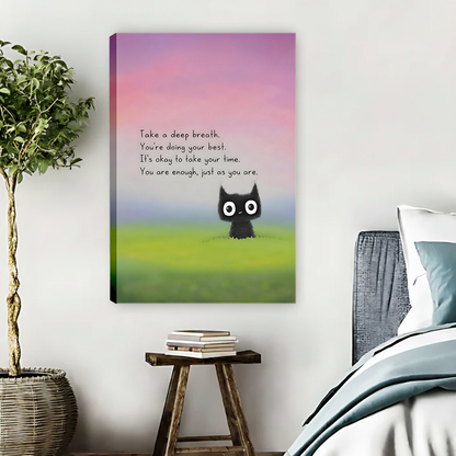 Gallery wrap cute black cat motivational quote canvas print in warm bedroom with rustic wooden stool