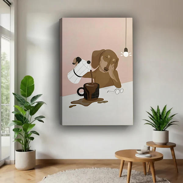 Dachshund pouring coffee canvas art print hanging in bright contemporary living space