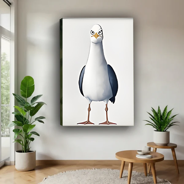Grumpy seagull full body cartoon gallery wrap canvas art with confident bird illustration leaning on grey wall between tropical plants