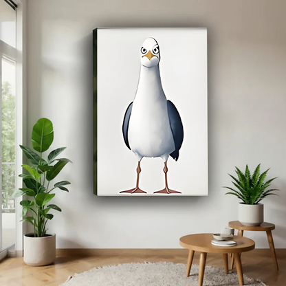 Grumpy seagull full body cartoon gallery wrap canvas art with confident bird illustration leaning on grey wall between tropical plants
