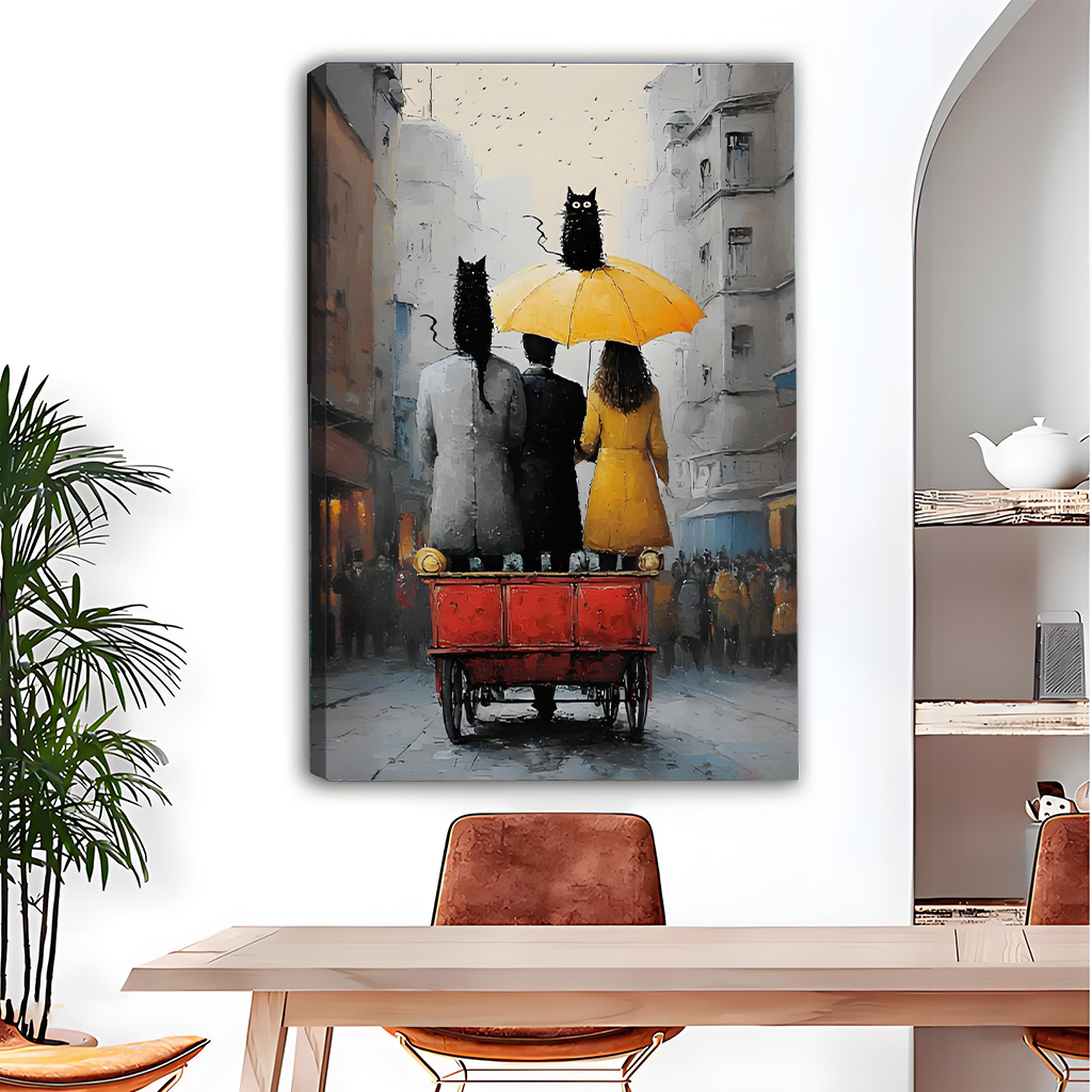 Couple with black cats rainy city street canvas wall art – living room home decor