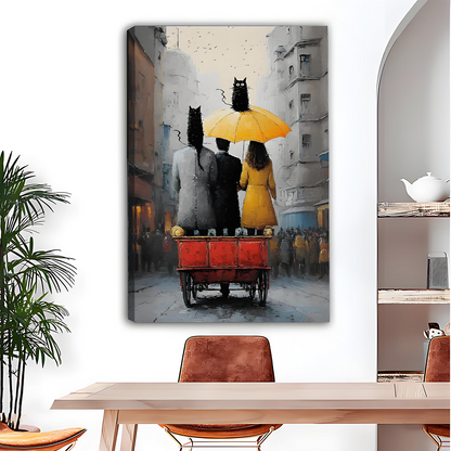 Couple with black cats rainy city street canvas wall art – living room home decor
