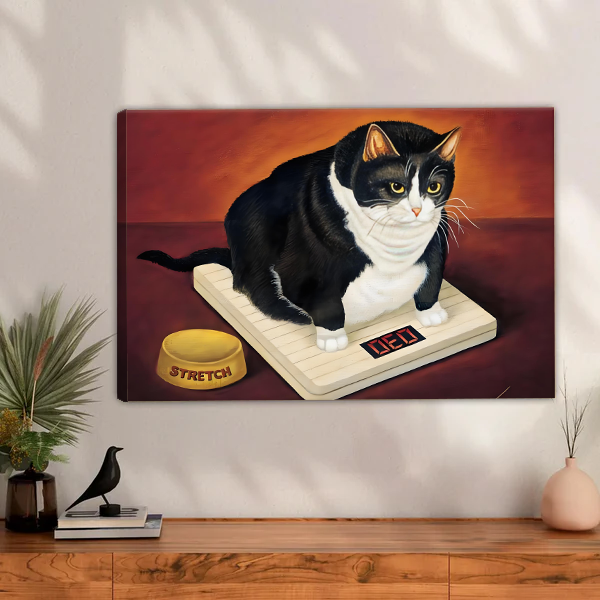 Unframed gallery wrap canvas of chubby tuxedo cat sitting on weight scale