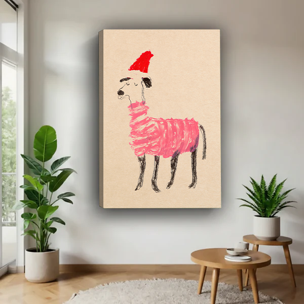 Christmas dog in pink sweater red Santa hat whimsical crayon sketch gallery wrap canvas art without frame hanging in contemporary living room with fiddle leaf fig plants