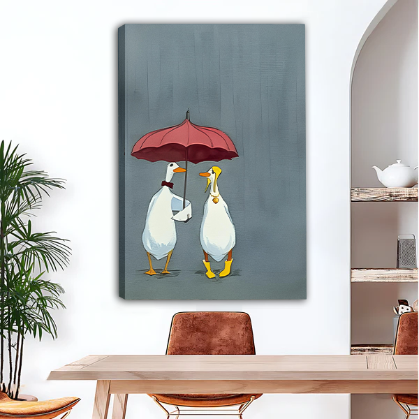 Whimsical duck couple canvas wall art with red umbrella displayed in dining room — romantic home decor