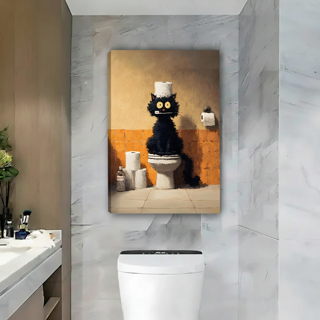 Humorous black cat bathroom wall art gallery wrap canvas without frame in marble bathroom