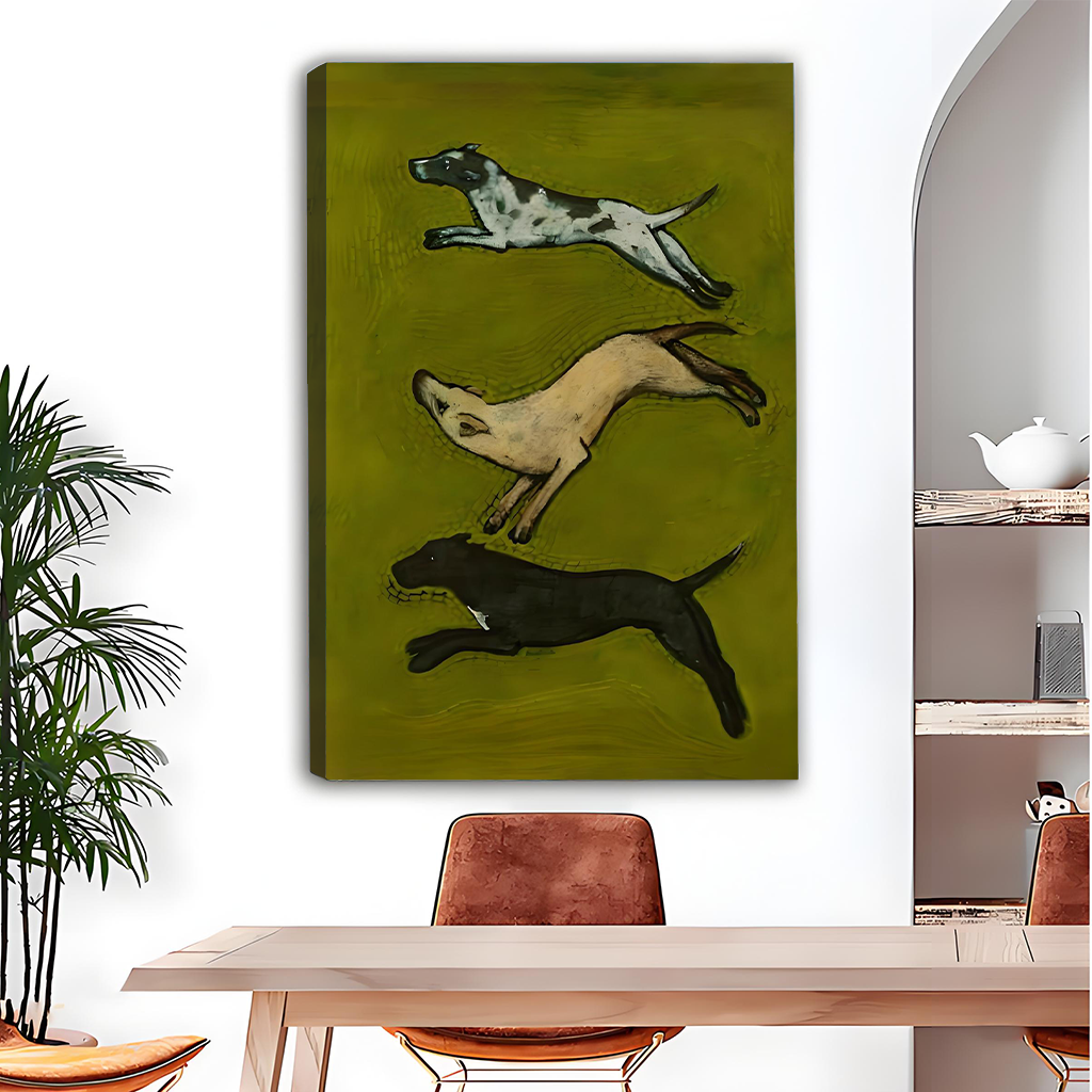 Running dogs olive green canvas art print – modern wall decor for dining room