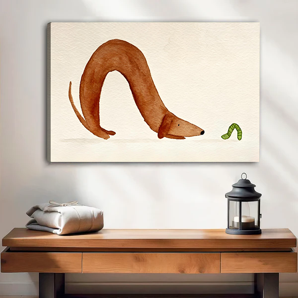 Canvas curious dachshund and caterpillar watercolor wall art print above wooden console table living room decor