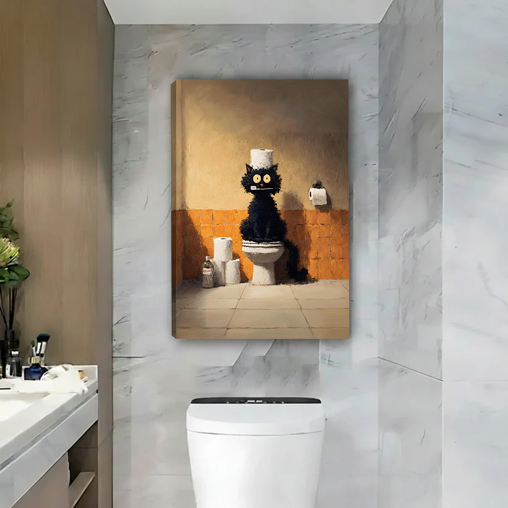 Quirky black cat toilet humor gallery wrap canvas art displayed in modern marble bathroom