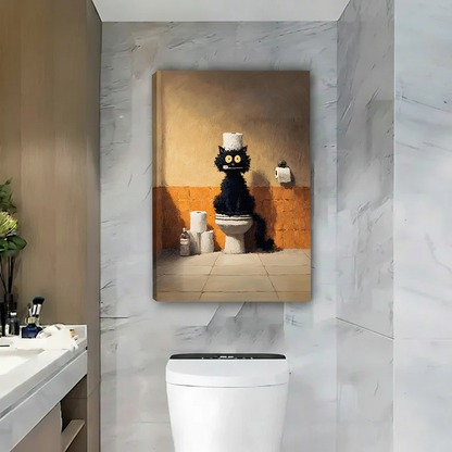 Quirky black cat toilet humor gallery wrap canvas art displayed in modern marble bathroom