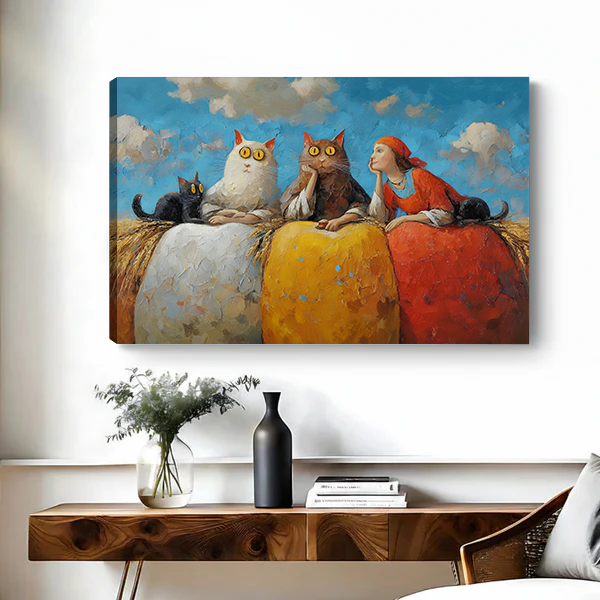 Canvas whimsical cats girl oil painting print on white wall living room decor